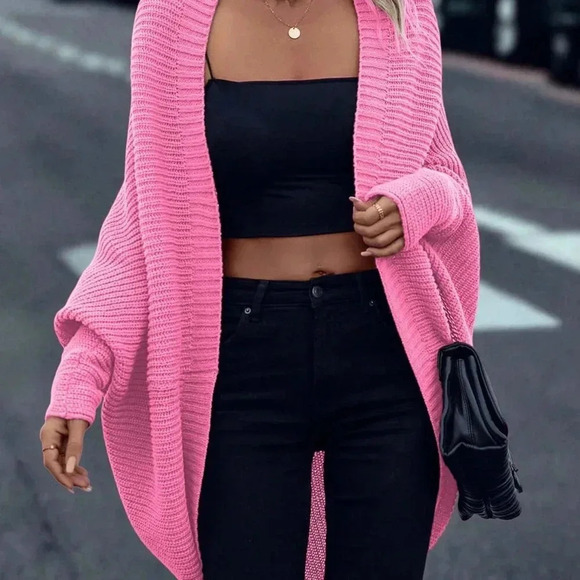 Pink Casual Women's Open Front Batwing Sleeve Cardigan - Picture 5 of 6